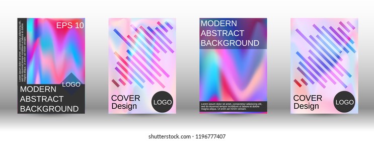 Set for liquid. Holographic abstract backgrounds. Bright mesh blurred pattern in pink, blue, green tones. Fashionable advertising vector in retro  for book, annual, mobile interface, web application.