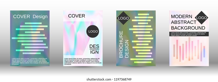Set for liquid. Holographic abstract backgrounds. Bright mesh blurred pattern in pink, blue, green tones. Fashionable advertising vector in retro  for book, annual, mobile interface, web application.
