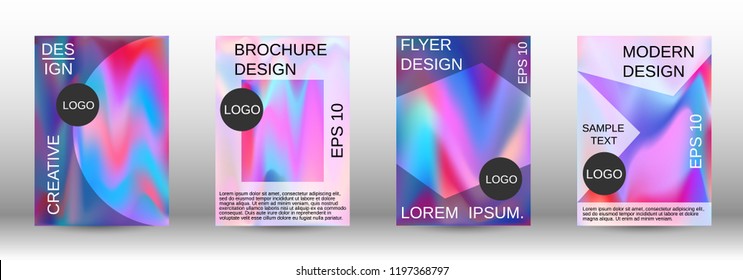 Set for liquid. Holographic abstract backgrounds. Bright mesh blurred pattern in pink, blue, green tones. Fashionable advertising vector in retro  for book, annual, mobile interface, web application.