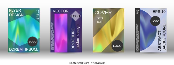 Set for liquid. Holographic abstract backgrounds. Bright mesh blurred pattern in pink, blue, green tones. Fashionable advertising vector in retro  for book, annual, mobile interface, web application.