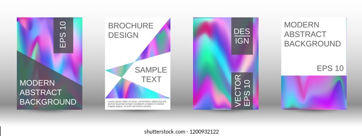 Set for liquid. Holographic abstract backgrounds. Bright mesh blurred pattern in pink, blue, green tones. Fashionable advertising vector in retro  for book, annual, mobile interface, web application.
