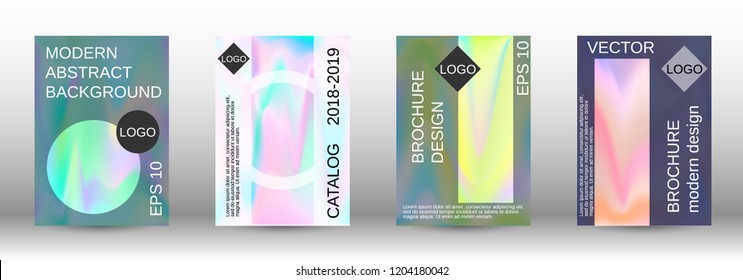 Set for liquid. Holographic abstract backgrounds. Bright mesh blurred pattern in pink, blue, green tones. Fashionable advertising vector in retro  for book, annual, mobile interface, web application.