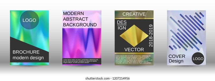 Set for liquid. Holographic abstract backgrounds. Bright mesh blurred pattern in pink, blue, green tones. Fashionable advertising vector in retro  for book, annual, mobile interface, web application.