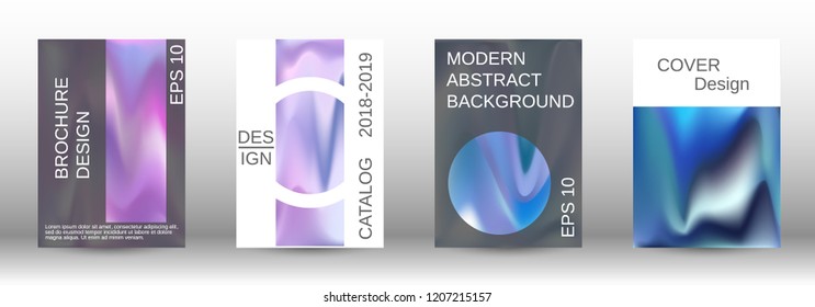 Set for liquid. Holographic abstract backgrounds. Bright mesh blurred pattern in pink, blue, green tones. Fashionable advertising vector in retro  for book, annual, mobile interface, web application.