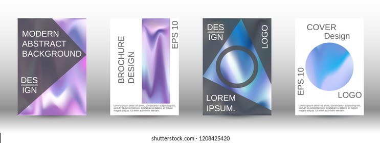 Set for liquid. Holographic abstract backgrounds. Bright mesh blurred pattern in pink, blue, green tones. Fashionable advertising vector in retro  for book, annual, mobile interface, web application.