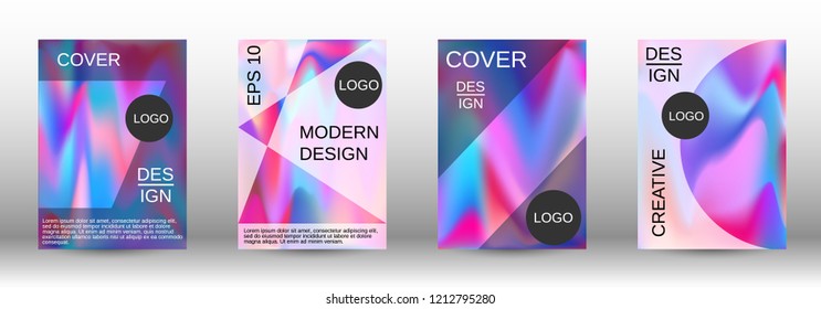 Set for liquid. Holographic abstract backgrounds. Bright mesh blurred pattern in pink, blue, green tones. Fashionable advertising vector in retro  for book, annual, mobile interface, web application.