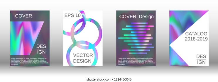 Set for liquid. Holographic abstract backgrounds. Bright mesh blurred pattern in pink, blue, green tones. Fashionable advertising vector in retro  for book, annual, mobile interface, web application.