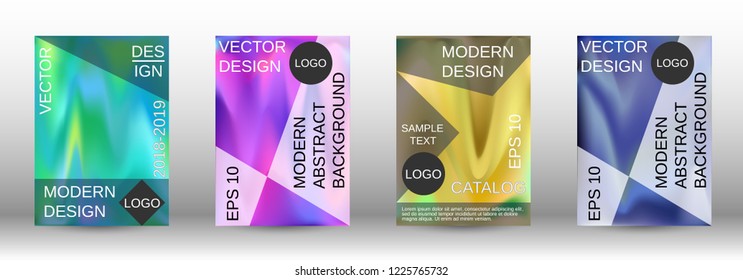 Set for liquid. Holographic abstract backgrounds. Bright mesh blurred pattern in pink, blue, green tones. Fashionable advertising vector in retro  for book, annual, mobile interface, web application.