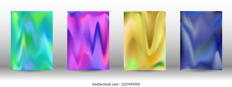 Set for liquid. Holographic abstract backgrounds. Bright mesh blurred pattern in pink, blue, green tones. Fashionable advertising vector in retro  for book, annual, mobile interface, web application.