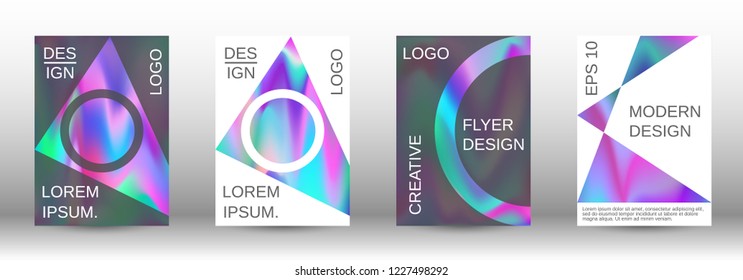 Set for liquid. Holographic abstract backgrounds. Bright mesh blurred pattern in pink, blue, green tones. Fashionable advertising vector in retro  for book, annual, mobile interface, web application.