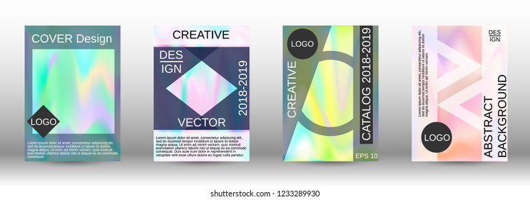 Set for liquid. Holographic abstract backgrounds. Bright mesh blurred pattern in pink, blue, green tones. Fashionable advertising vector in retro  for book, annual, mobile interface, web application.