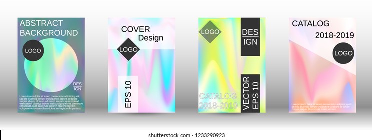 Set for liquid. Holographic abstract backgrounds. Bright mesh blurred pattern in pink, blue, green tones. Fashionable advertising vector in retro  for book, annual, mobile interface, web application.