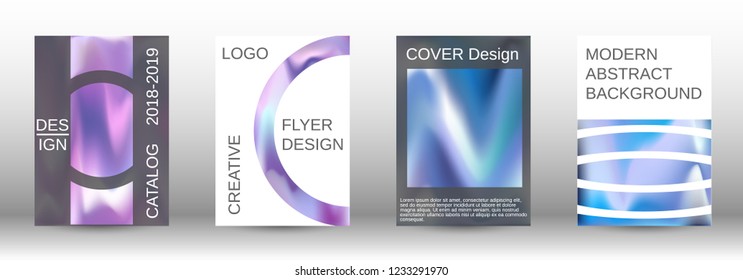 Set for liquid. Holographic abstract backgrounds. Bright mesh blurred pattern in pink, blue, green tones. Fashionable advertising vector in retro  for book, annual, mobile interface, web application.