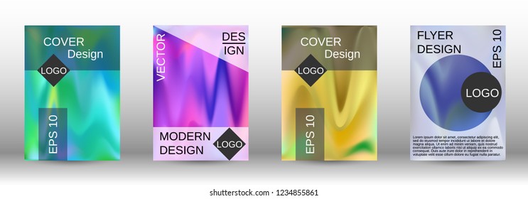 Set for liquid. Holographic abstract backgrounds. Bright mesh blurred pattern in pink, blue, green tones. Fashionable advertising vector in retro  for book, annual, mobile interface, web application.