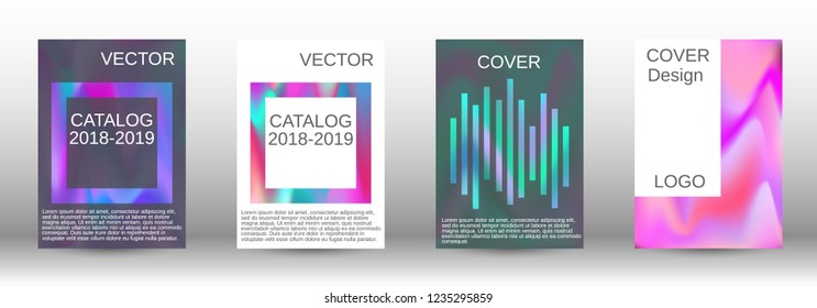 Set for liquid. Holographic abstract backgrounds. Bright mesh blurred pattern in pink, blue, green tones. Fashionable advertising vector in retro  for book, annual, mobile interface, web application.