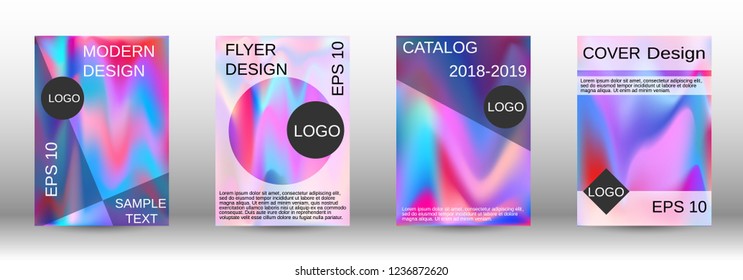 Set for liquid. Holographic abstract backgrounds. Bright mesh blurred pattern in pink, blue, green tones. Fashionable advertising vector in retro  for book, annual, mobile interface, web application.