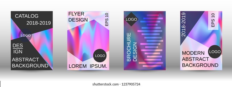 Set for liquid. Holographic abstract backgrounds. Bright mesh blurred pattern in pink, blue, green tones. Fashionable advertising vector in retro  for book, annual, mobile interface, web application.