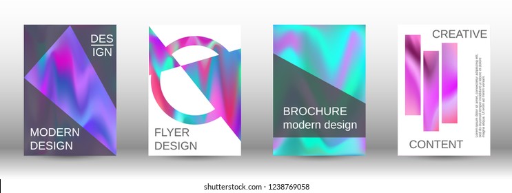 Set for liquid. Holographic abstract backgrounds. Bright mesh blurred pattern in pink, blue, green tones. Fashionable advertising vector in retro  for book, annual, mobile interface, web application.