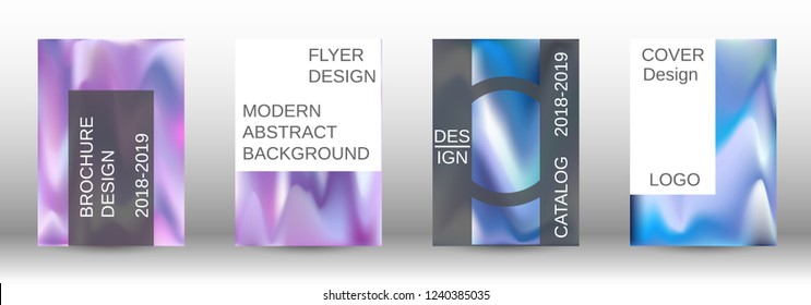 Set for liquid. Holographic abstract backgrounds. Bright mesh blurred pattern in pink, blue, green tones. Fashionable advertising vector in retro  for book, annual, mobile interface, web application.