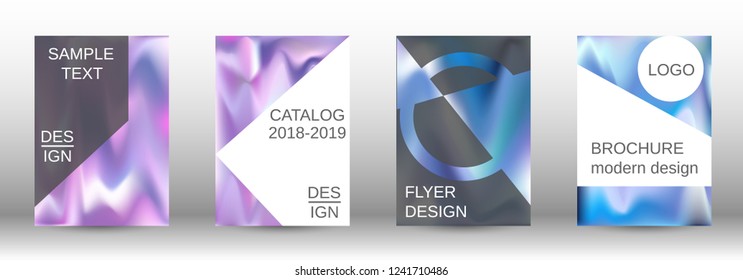 Set for liquid. Holographic abstract backgrounds. Bright mesh blurred pattern in pink, blue, green tones. Fashionable advertising vector in retro  for book, annual, mobile interface, web application.