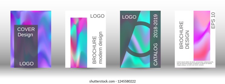 Set for liquid. Holographic abstract backgrounds. Bright mesh blurred pattern in pink, blue, green tones. Fashionable advertising vector in retro  for book, annual, mobile interface, web application.