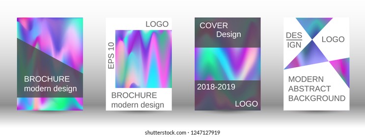 Set for liquid. Holographic abstract backgrounds. Bright mesh blurred pattern in pink, blue, green tones. Fashionable advertising vector in retro  for book, annual, mobile interface, web application.