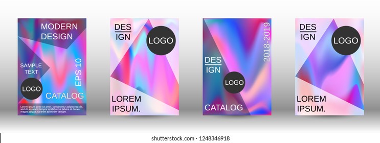 Set for liquid. Holographic abstract backgrounds. Bright mesh blurred pattern in pink, blue, green tones. Fashionable advertising vector in retro  for book, annual, mobile interface, web application.