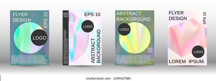 Set for liquid. Holographic abstract backgrounds. Bright mesh blurred pattern in pink, blue, green tones. Fashionable advertising vector in retro  for book, annual, mobile interface, web application.