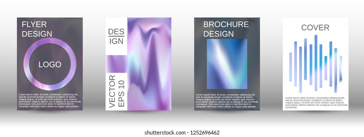 Set for liquid. Holographic abstract backgrounds. Bright mesh blurred pattern in pink, blue, green tones. Fashionable advertising vector in retro  for book, annual, mobile interface, web application.