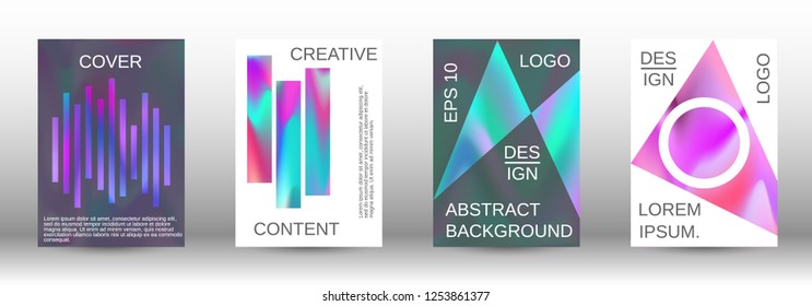 Set for liquid. Holographic abstract backgrounds. Bright mesh blurred pattern in pink, blue, green tones. Fashionable advertising vector in retro  for book, annual, mobile interface, web application.