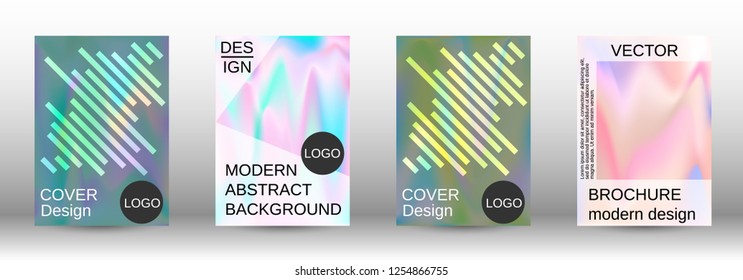 Set for liquid. Holographic abstract backgrounds. Bright mesh blurred pattern in pink, blue, green tones. Fashionable advertising vector in retro  for book, annual, mobile interface, web application.