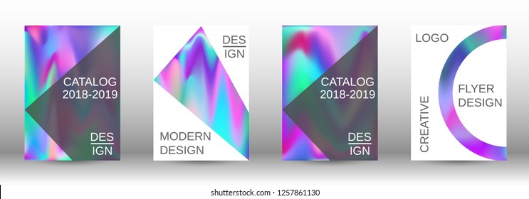 Set for liquid. Holographic abstract backgrounds. Bright mesh blurred pattern in pink, blue, green tones. Fashionable advertising vector in retro  for book, annual, mobile interface, web application.