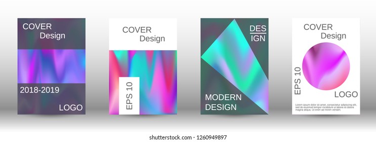 Set for liquid. Holographic abstract backgrounds. Bright mesh blurred pattern in pink, blue, green tones. Fashionable advertising vector in retro  for book, annual, mobile interface, web application.