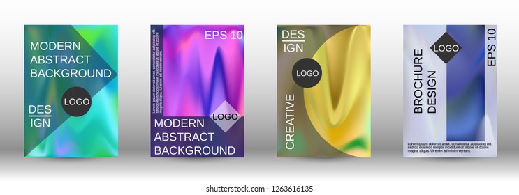 Set for liquid. Holographic abstract backgrounds. Bright mesh blurred pattern in pink, blue, green tones. Fashionable advertising vector in retro  for book, annual, mobile interface, web application.