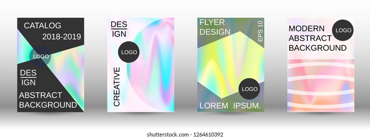 Set for liquid. Holographic abstract backgrounds. Bright mesh blurred pattern in pink, blue, green tones. Fashionable advertising vector in retro  for book, annual, mobile interface, web application.