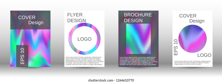 Set for liquid. Holographic abstract backgrounds. Bright mesh blurred pattern in pink, blue, green tones. Fashionable advertising vector in retro  for book, annual, mobile interface, web application.