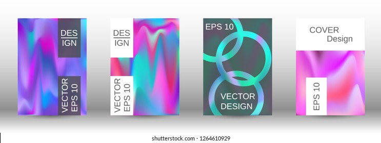 Set for liquid. Holographic abstract backgrounds. Bright mesh blurred pattern in pink, blue, green tones. Fashionable advertising vector in retro  for book, annual, mobile interface, web application.