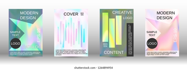 Set for liquid. Holographic abstract backgrounds. Bright mesh blurred pattern in pink, blue, green tones. Fashionable advertising vector in retro  for book, annual, mobile interface, web application.