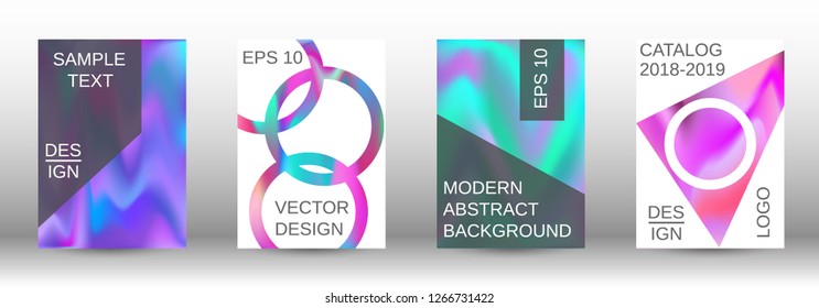Set for liquid. Holographic abstract backgrounds. Bright mesh blurred pattern in pink, blue, green tones. Fashionable advertising vector in retro  for book, annual, mobile interface, web application.