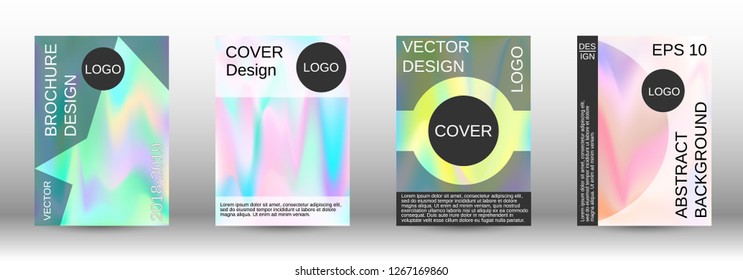 Set for liquid. Holographic abstract backgrounds. Bright mesh blurred pattern in pink, blue, green tones. Fashionable advertising vector in retro  for book, annual, mobile interface, web application.