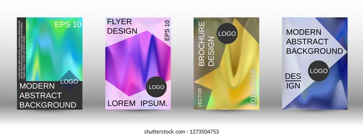 Set for liquid. Holographic abstract backgrounds. Bright mesh blurred pattern in pink, blue, green tones. Fashionable advertising vector in retro  for book, annual, mobile interface, web application.