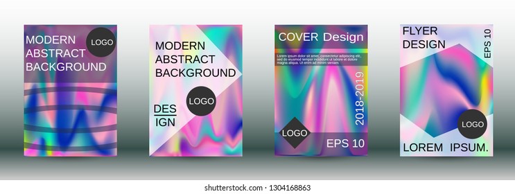 Set for liquid. Holographic abstract backgrounds. Bright mesh blurred pattern in pink, blue, green tones. Fashionable advertising vector in retro for book, annual, mobile interface, web application.