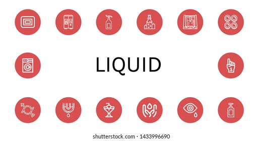 Set of liquid icons such as Soap, Milk, Lotion, Oil, Dam, Curd, Gender fluid, Leak, Cocktail, Water, Tear, Washing machine, Foam hand , liquid