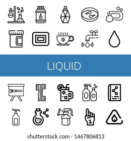 Set of liquid icons such as Test tube, Urine, Gas bottle, Soap, Parfume, Coffee cup, Sample, Water tap, Blood drop, Paint brush, Lotion, Brushes, Flask, Cocktail, Breast pump , liquid