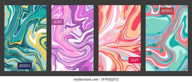 Set of liquid marble or epoxy abstract bright backgrounds. Contemporary trendy prints with marble slab or slice texture for cover designs, wedding invitations, case, wrapping paper, greeting cards. 