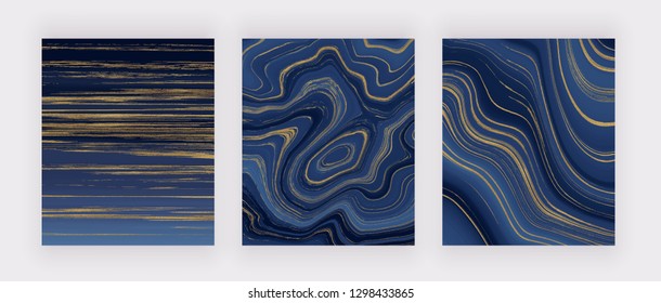 Set Liquid Marble Texture. Blue And Golden Glitter Ink Painting Abstract Pattern. Trendy Backgrounds For Wallpaper, Flyer, Poster, Card, Invitations. Modern Art.
