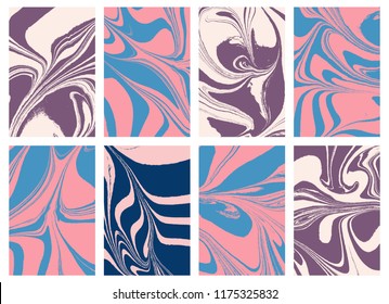 Set of liquid marble texture in color. Swirls and ripples of stone. Fluid art Ebru  template for design covers, fashion posters, business cards, presentation, invitation, makeup flyers. Vector.