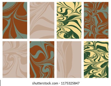 Set of liquid marble texture in color. Swirls and ripples of stone. Fluid art Ebru  template for design covers, fashion posters, business cards, presentation, invitation, makeup flyers. Vector.