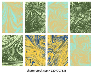 Set of liquid marble texture in color. Swirls and ripples of stone. Fluid art Ebru  template for design covers, fashion posters, business cards, presentation, invitation, makeup flyers. Vector.