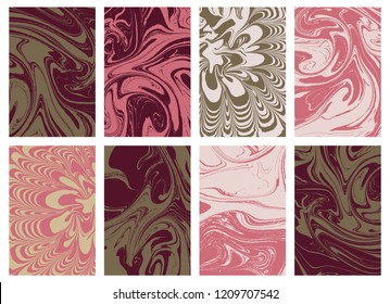 Set of liquid marble texture in color. Swirls and ripples of stone. Fluid art Ebru  template for design covers, fashion posters, business cards, presentation, invitation, makeup flyers. Vector.
